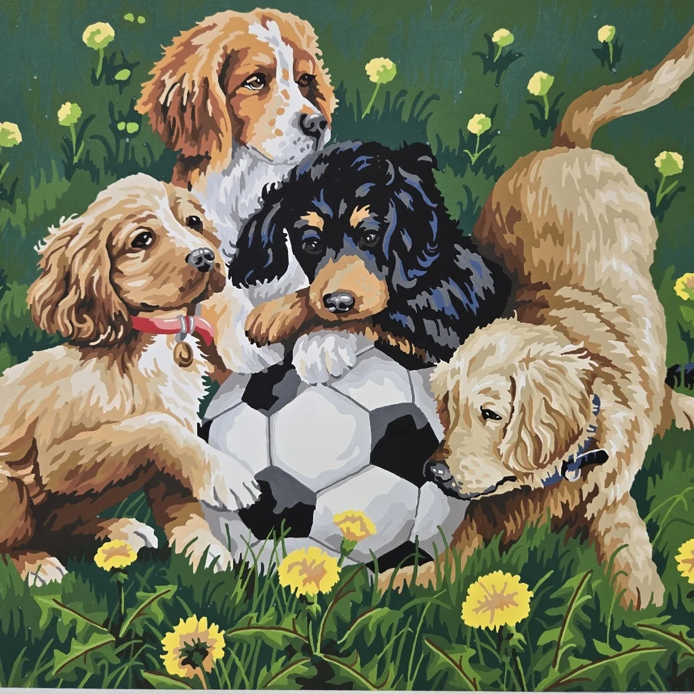 VTG Puppies and Soccer‎ Paint By Number Finished Acrylic Painting 14x20 Retriver